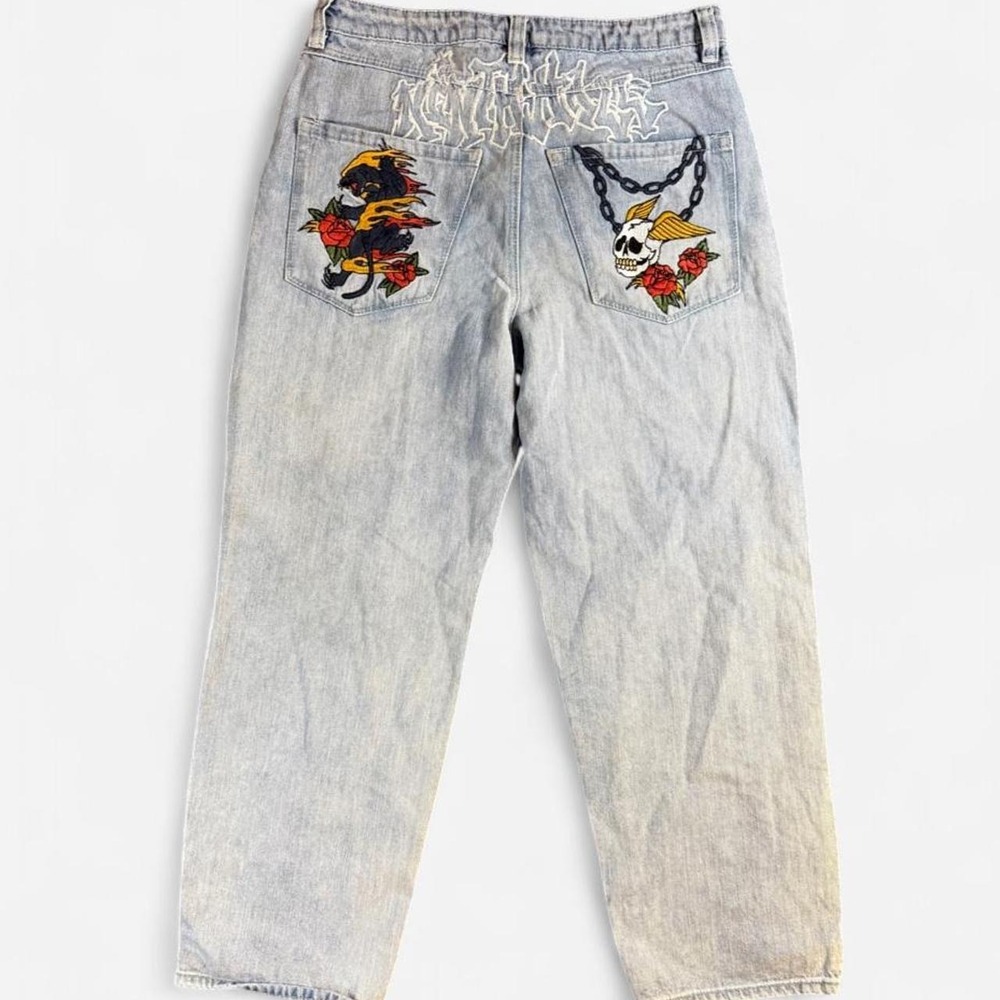 Ninth Hall Ambush Light Wash Embroidered Baggy Jeans Skull Rose Graffiti Y2K